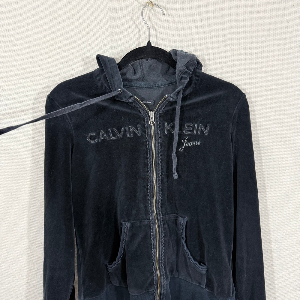 Calvin Klein Jeans Womens Black Velour Tracksuit Set Hoodie Pants Y2K Small - Picture 2 of 10